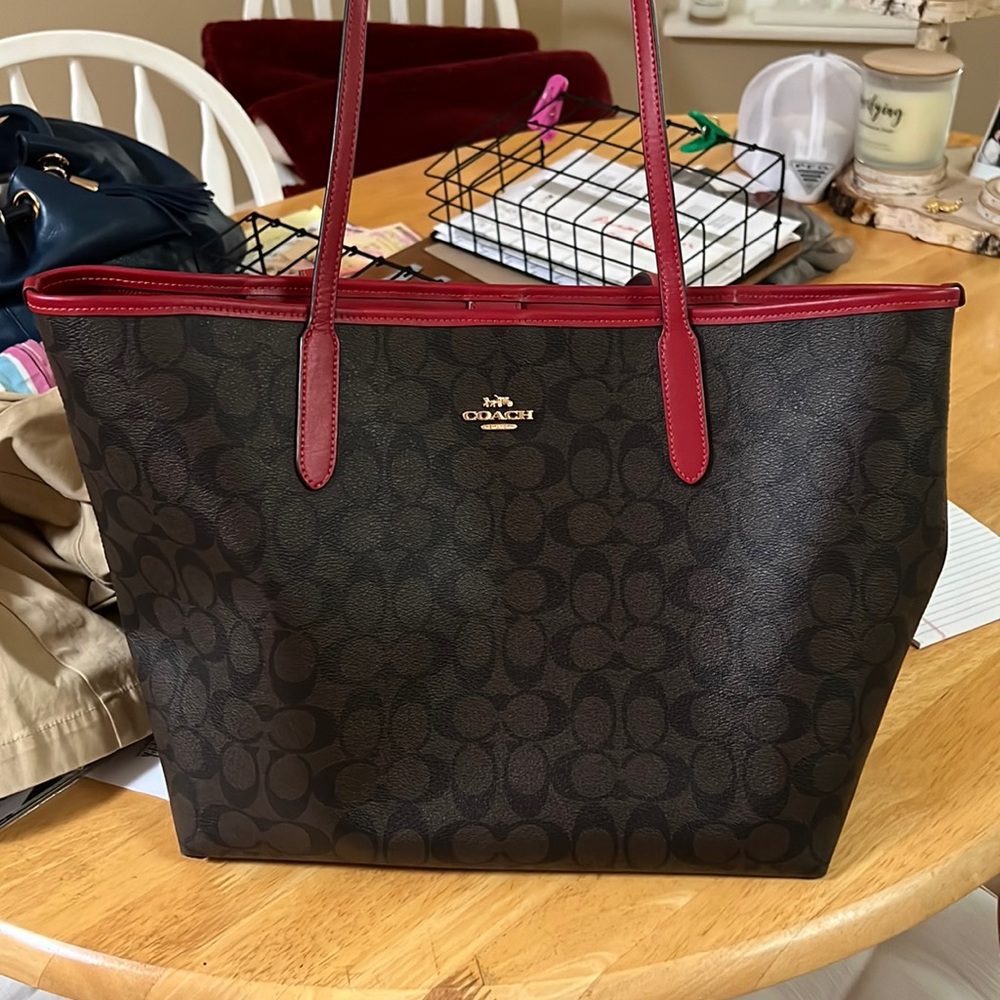 Authentic Coach Large brown and red tote bag. Coach Signature monogram.
